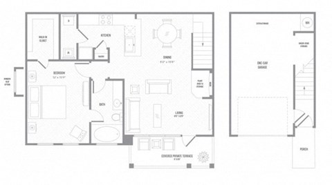 Floor plan for 1 bed, 1 bath, 919 sqft